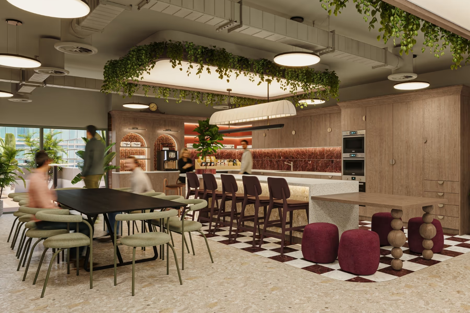 Runway East Tottenham Court Road Warm Lit Kitchen and Coworking Space with wooden chairs and tables