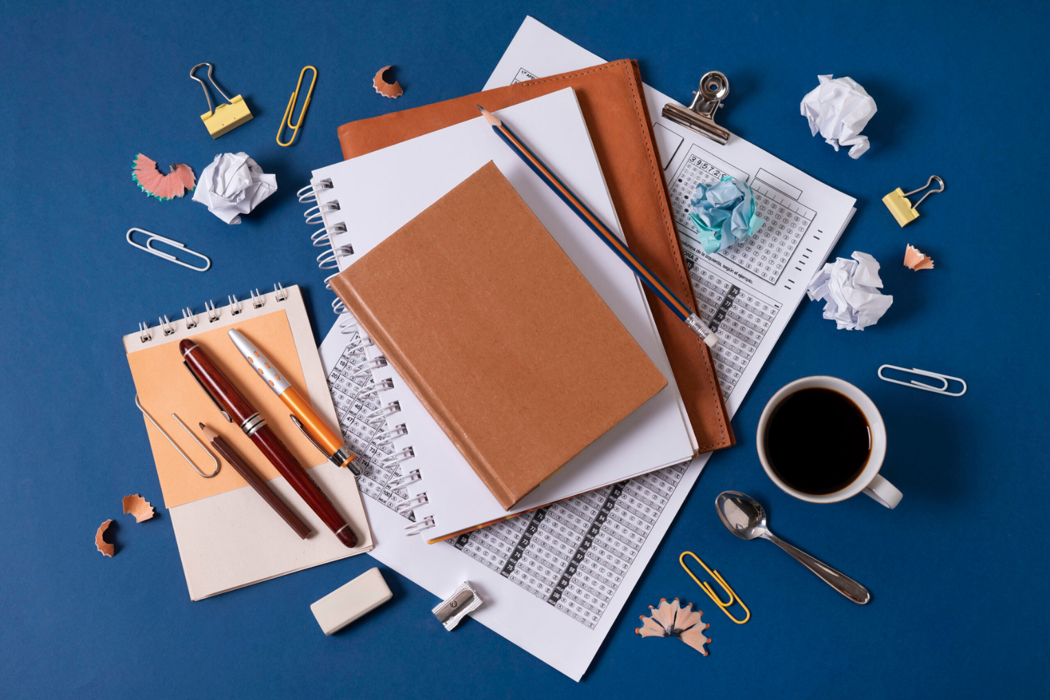 An overhead shot of a messy desk on a blue background, featuring stacked notebooks, loose papers, pens, a pencil, paperclips, and crumpled paper scraps next to a cup of black coffee.