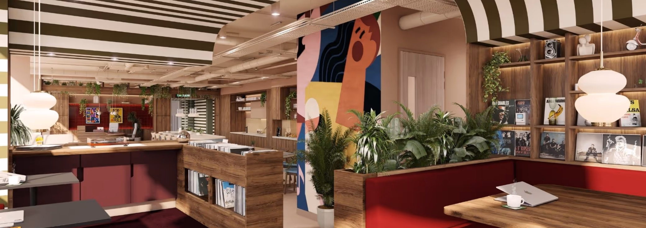 Runway East Covent Garden office lounge with striped ceilings, a colourful wall mural, and wooden shelves displaying vinyl records and books.