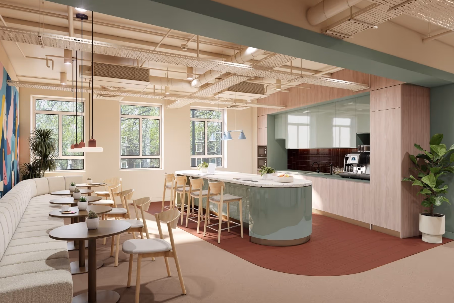 Office kitchen featuring a curved sage green breakfast bar, a long banquet seat with small round tables, and an industrial-style ceiling.