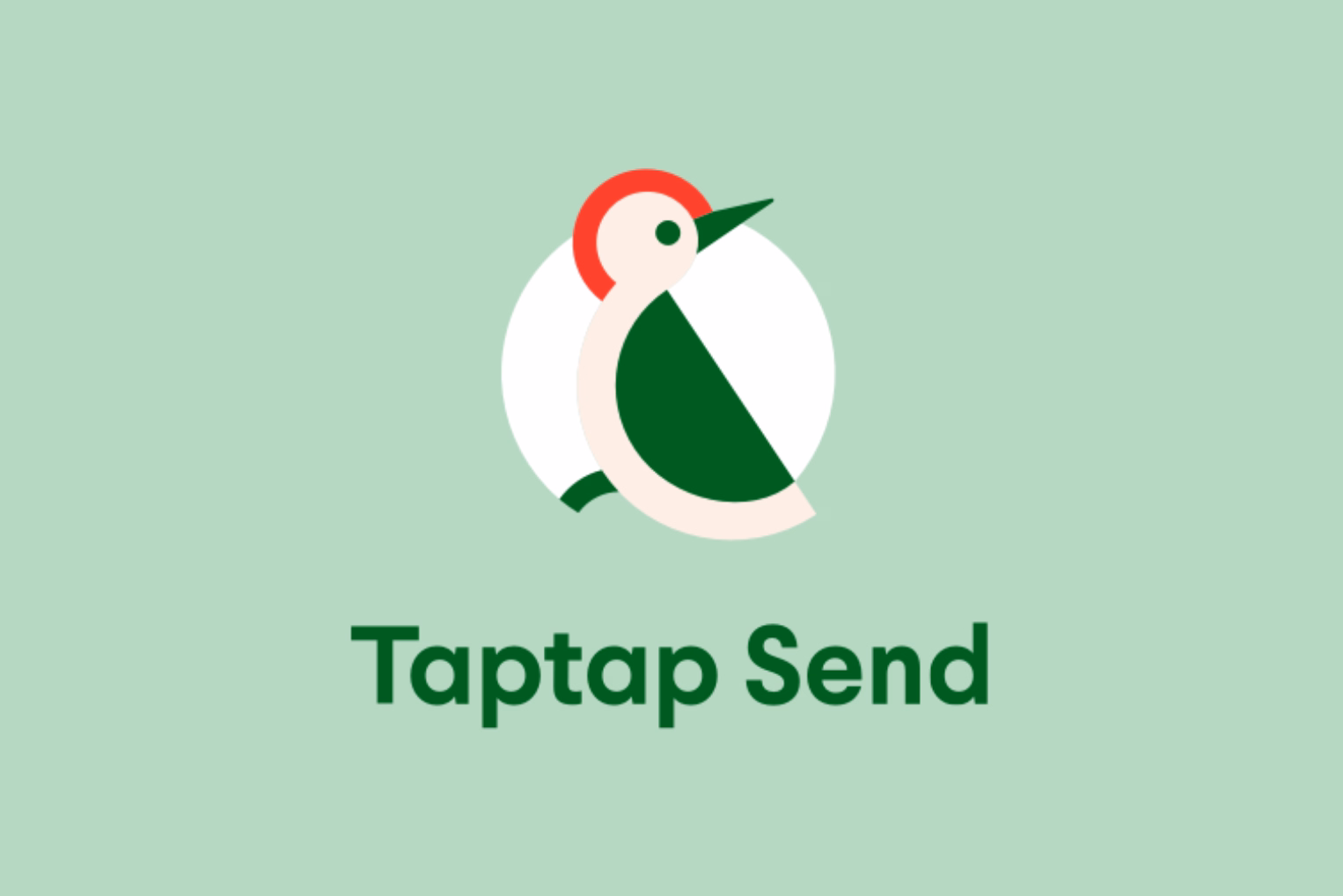 Logo for Taptap Send featuring a green, red, and white bird icon on a light mint green background.