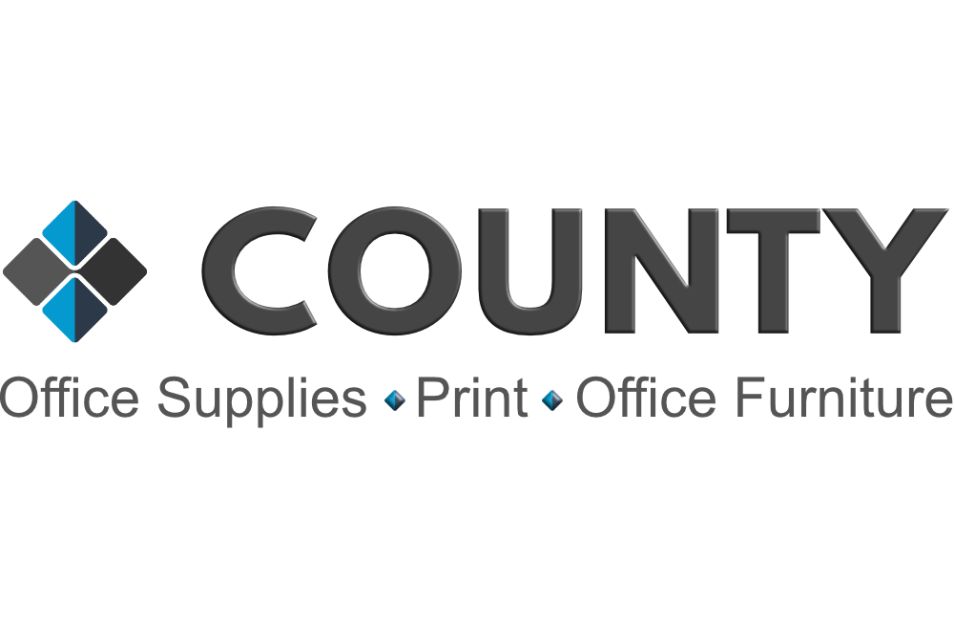 County logo with geometric icon and text reading “Office Supplies • Print • Office Furniture”.