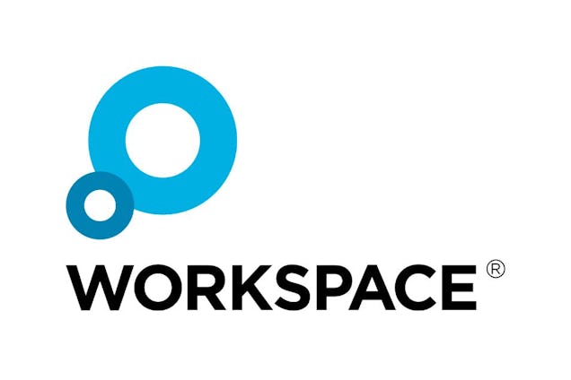 The Workspace logo, displaying a large and small light blue circle above the word "WORKSPACE" in black capital letters.