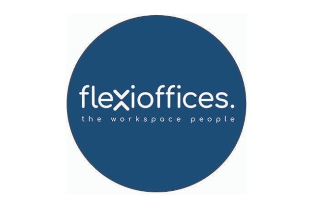 Flexioffices logo, with the brand name and the tagline "the workspace people" centered inside a solid navy blue circle.