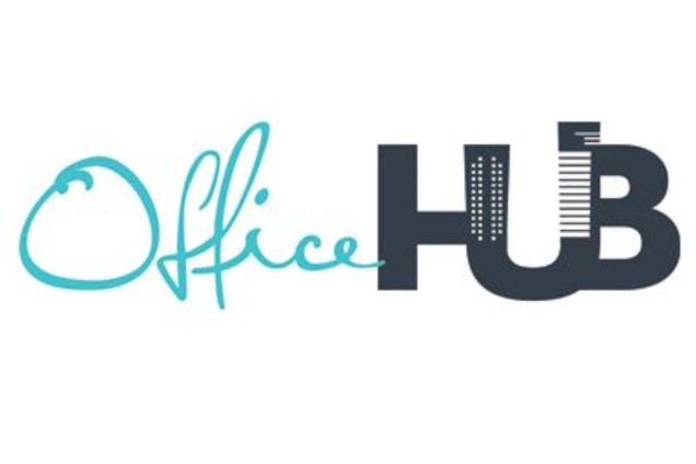 The Office Hub logo, featuring "Office" in light blue script and "HUB" in bold black with building silhouettes inside the letters.
