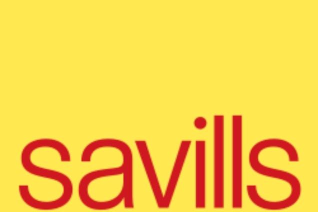 The Savills logo, featuring the brand name in a red font against a solid yellow background.