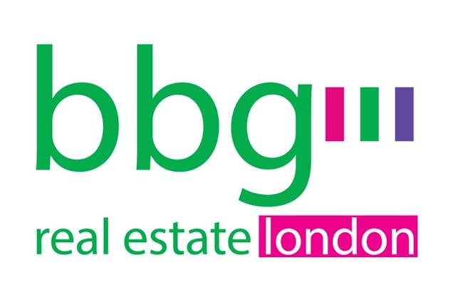 bbg real estate london logo, showing "bbg" in large green lowercase letters above "real estate" and "london" in a pink box.