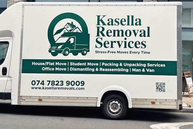 A white Kasella Removal Services van parked on a street, displaying contact information and a list of moving services.