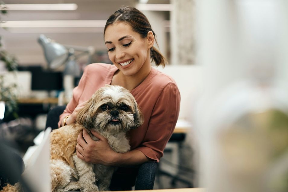 A smiling woman in a pink top sits in a bright office environment while hugging a fluffy dog.