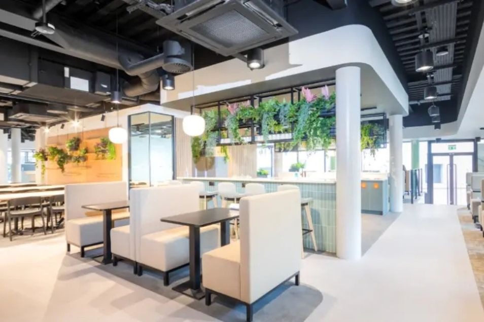 A white-themed communal area with high-back booths, small black tables, and greenery hanging from the ceiling.