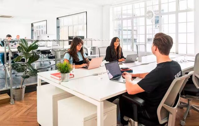 Professionals sit at white communal desks in a modern, sunlit open-plan office and work on their laptops.
