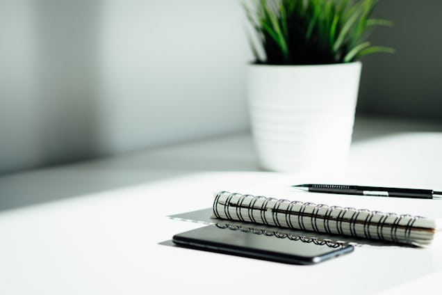 A notebook, a phone, a pen, and a potted plant sit on a white desk.