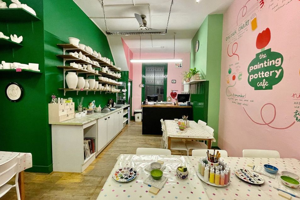 The Painting Pottery Cafe with paints everywhere to paint your pieces