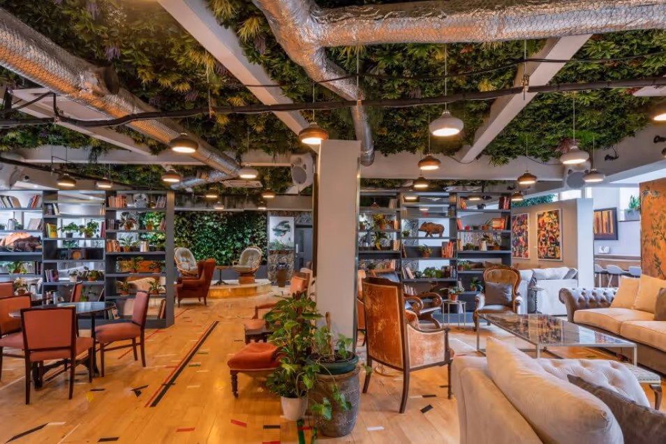 Office lounge featuring diverse seating, open shelving, and a lush green plant-covered ceiling with exposed industrial pipes.