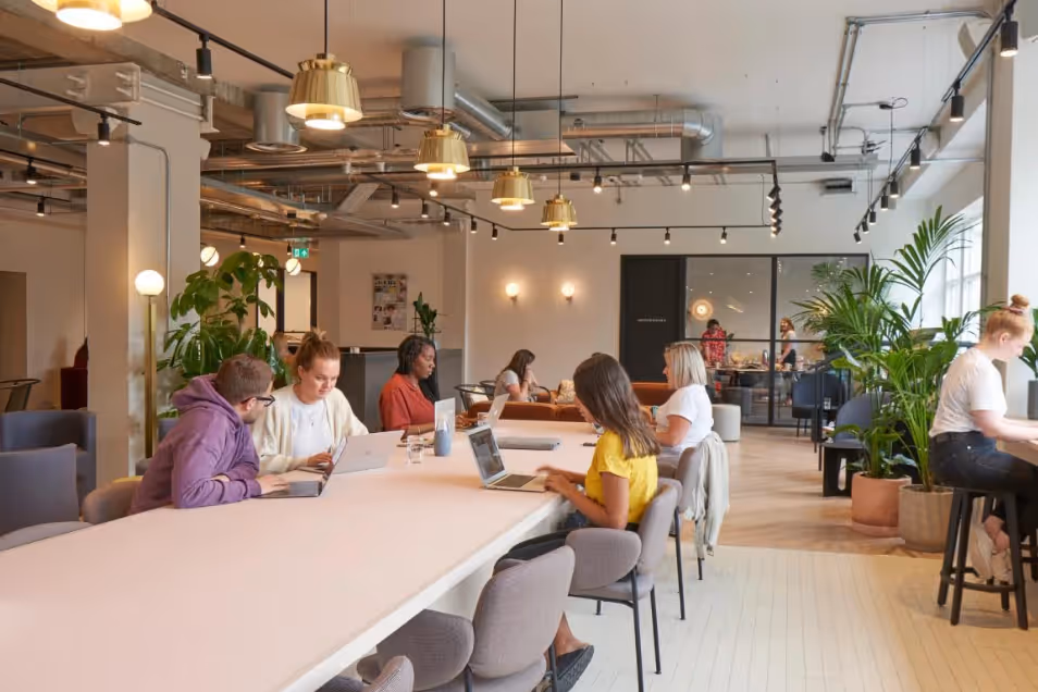 Bright, open-plan office with people working on laptops at a long pink table under brass pendant lights.
