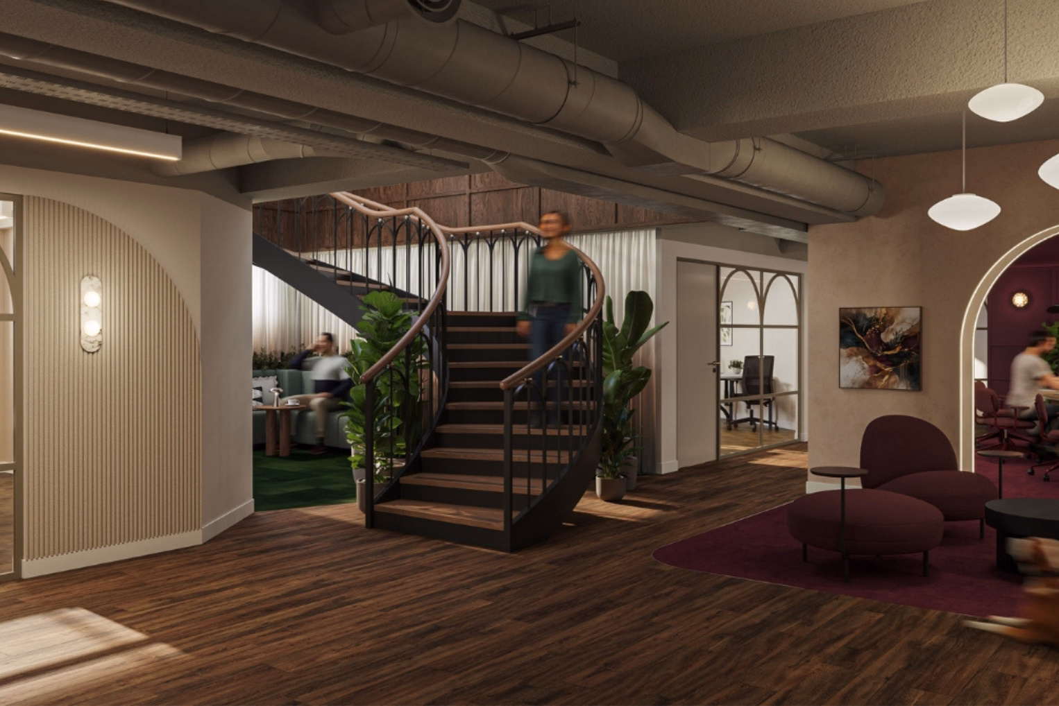 office lounge featuring a wooden spiral staircase with black metal railings, plum ottomans, and industrial ceiling details.