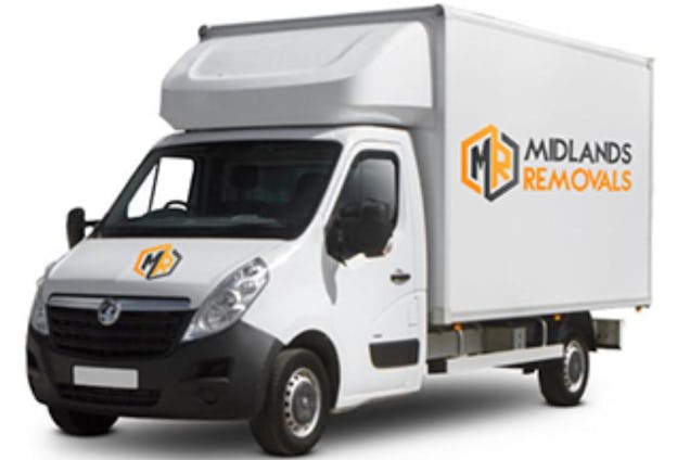 A white Midlands Removals van with orange and black logos on a white background.