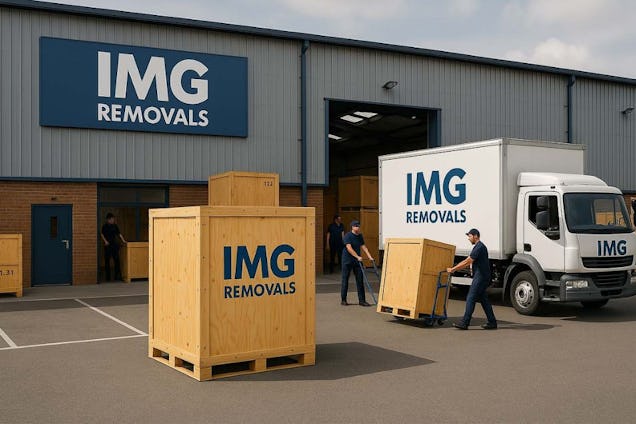 Workers loading wooden crates and boxes onto an IMG Removals truck in front of a warehouse.
