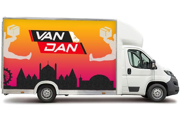 A white Van Dan removal van with a skyline graphic on the side shown against a white background.