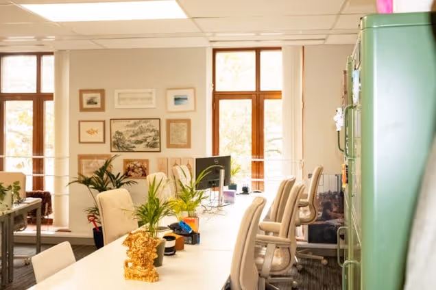 Desk workspace with computer monitors, chairs, and plants in a room with framed pictures and windows.