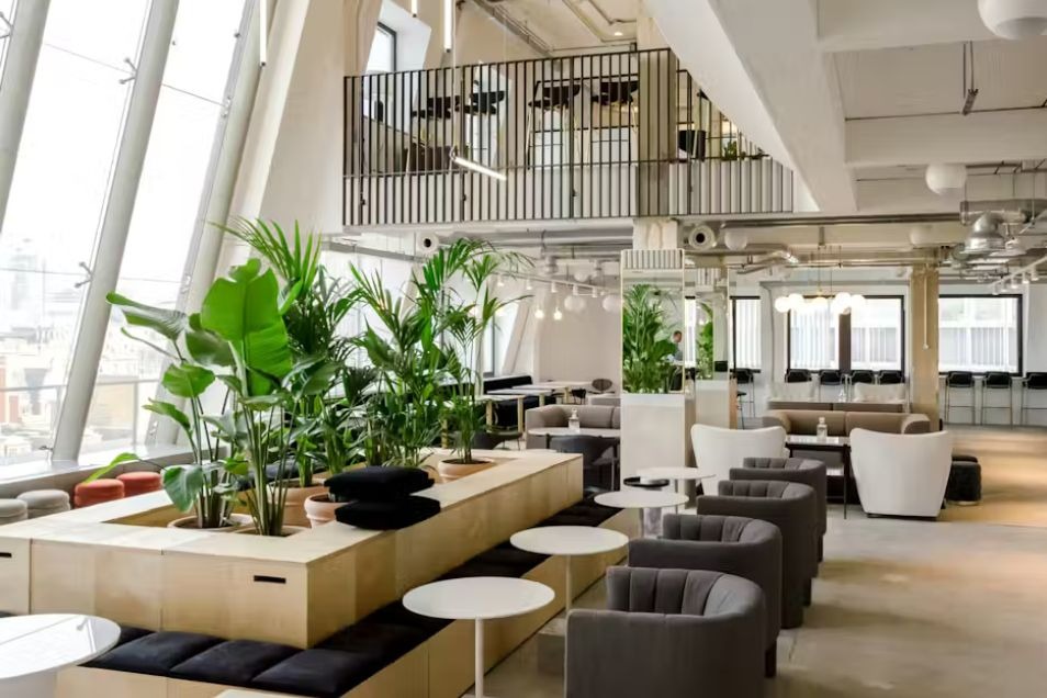 Chairs and tables in a coworking space featuring plants, tiered seating, and large windows.