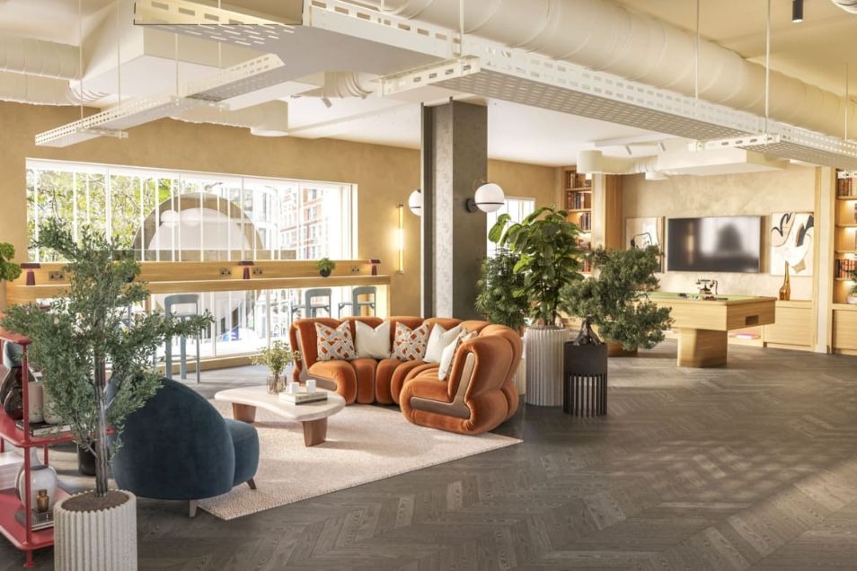 A sofa and chairs in a breakout space with plants, a rug, and a television.