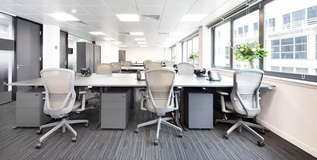 Rows of white desks with white chairs on a grey carpet floor in an office with large windows.
