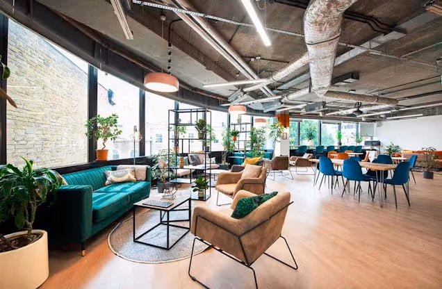 Open-plan office with lounge seating, long desks, greenery and large windows providing natural light.