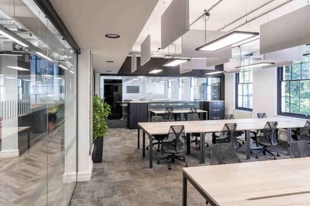 Minimalist office with long light-wood desks, ergonomic mesh chairs, and grey acoustic ceiling baffles suspended over the workspace.