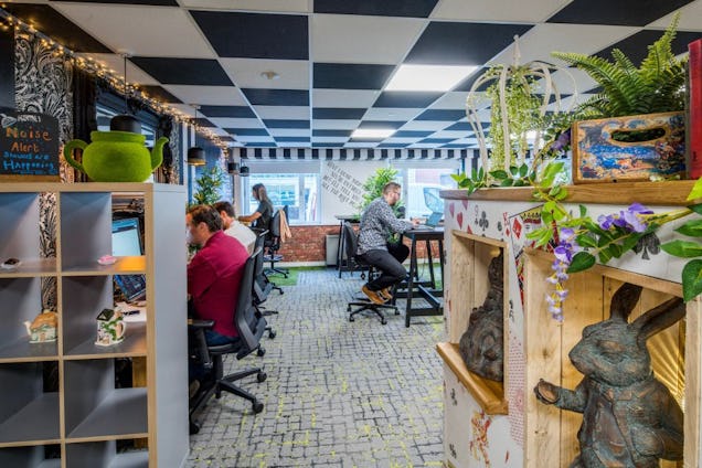 A decorated office where people work at desks surrounded by shelving, plants, and a checkered ceiling.
