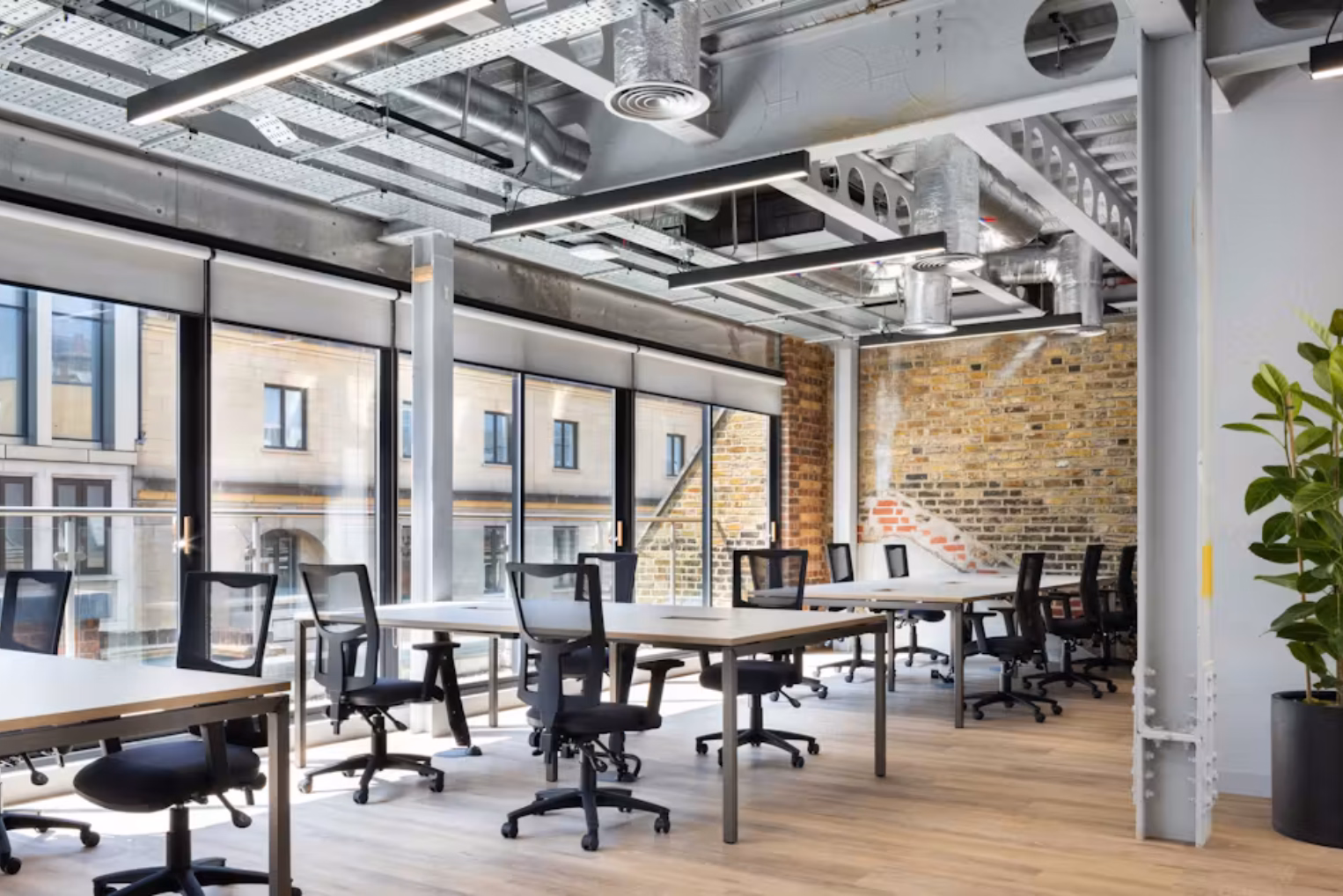 Wooden desks and black chairs on a wood floor near windows and a brick wall. Silver pipes and black lights hang from the ceiling near a plant in a black pot.