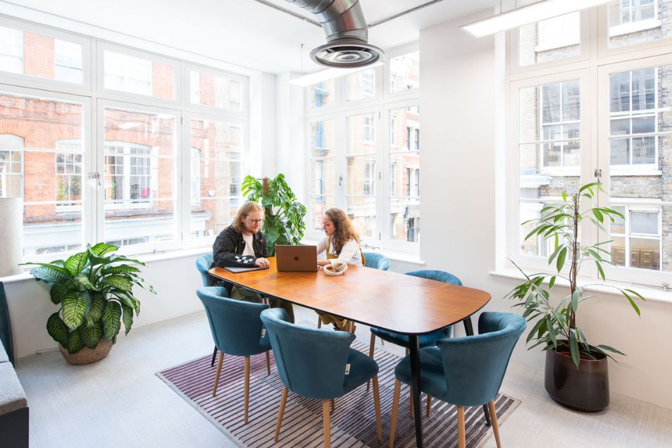 A bright, airy meeting room with teal velvet chairs around a wooden table, featuring large windows and indoor plants.