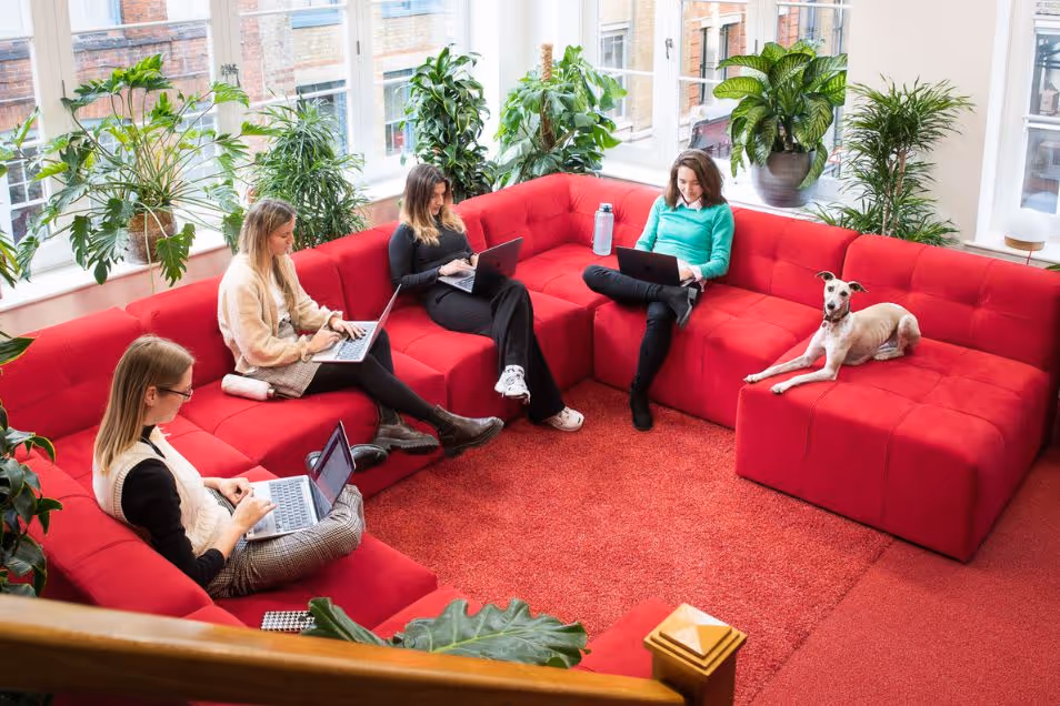 Four people and a dog relax on a large, U-shaped red modular sofa in a bright, plant-filled office lounge.
