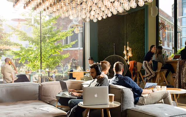 People sat on sofas working on laptops in a lounge area featuring a wall of plants.