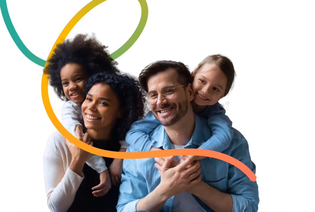 A smiling family of four poses together, with the children hugging their parents from behind, overlaid with a colorful abstract swirl.