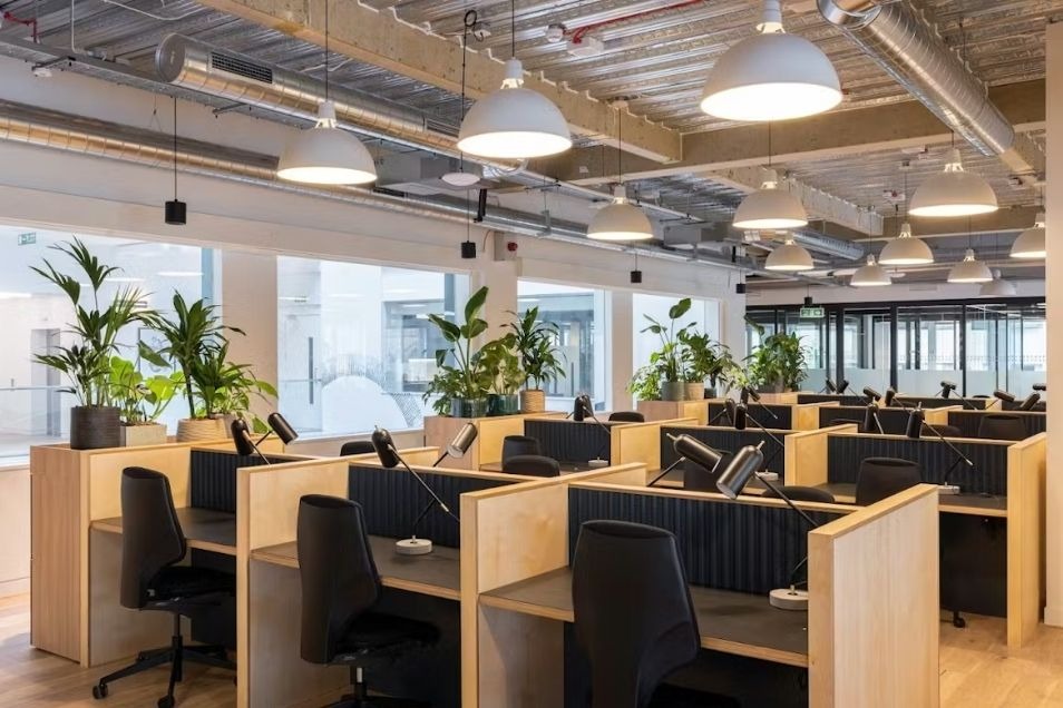 Open-plan office with rows of wooden desks, black ergonomic chairs, large dome pendant lights, and potted plants throughout.