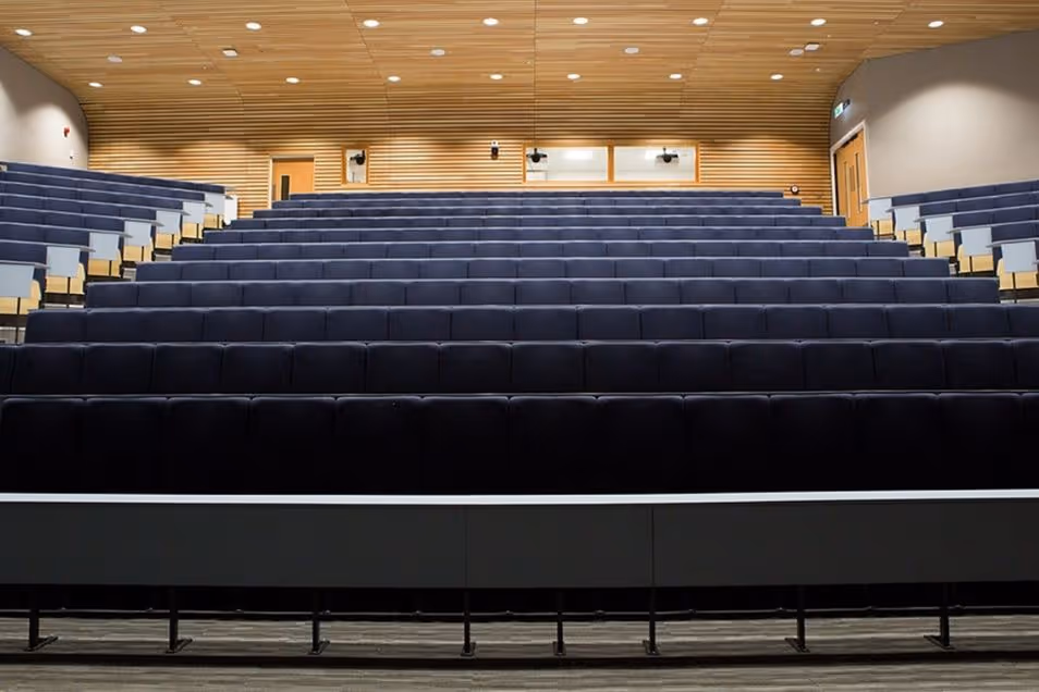Empty modern auditorium with tiered rows of blue cushioned seating and a light wood-panelled ceiling.