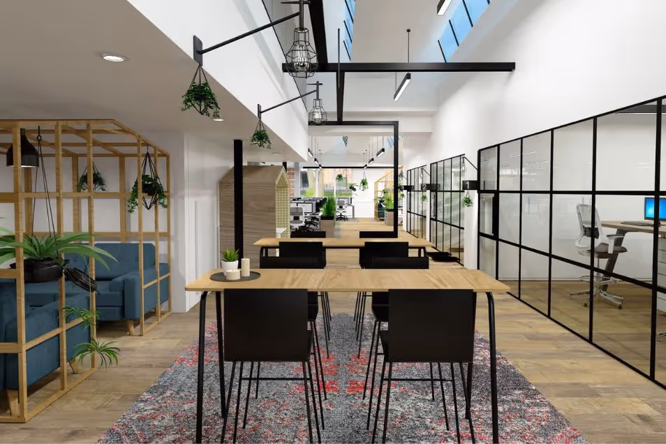 Office with wooden desks on a patterned rug, glass-walled meeting rooms, and a timber frame lounge area.