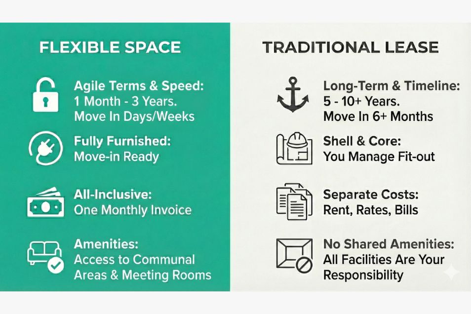 A comparison chart listing features of flexible office spaces versus traditional leases with icons and text.