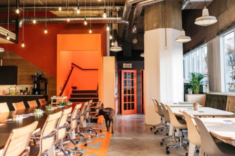 Office space with a long wooden boardroom table and an orange feature wall near a staircase.