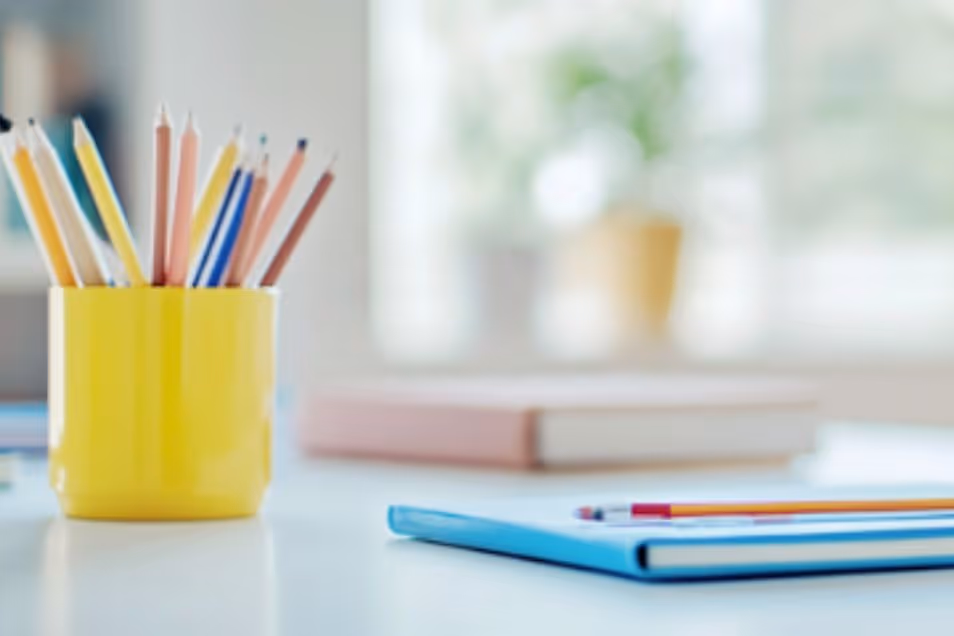 Yellow cup holding coloured pencils beside notebooks on a bright desk with a softly blurred window background.