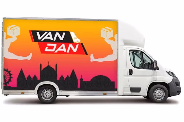 A white Van Dan removal van with a skyline graphic on the side shown against a white background.