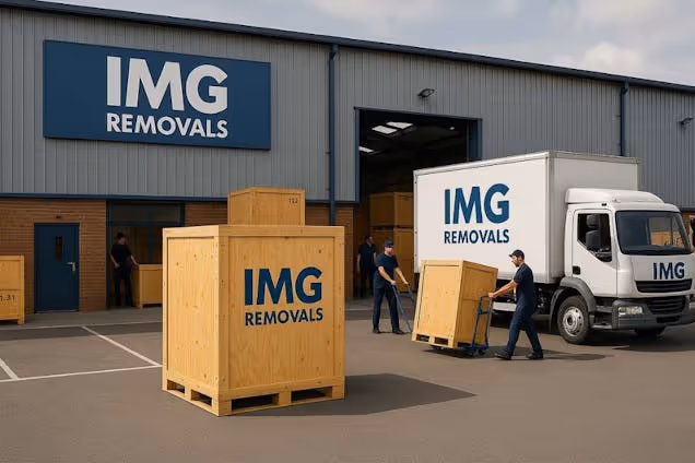 Workers loading wooden crates and boxes onto an IMG Removals truck in front of a warehouse.