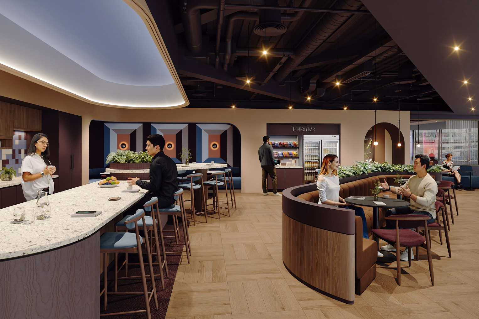 A modern office lounge featuring people talking at a speckled bar counter with blue stools and sitting on a brown curved booth around a black table.