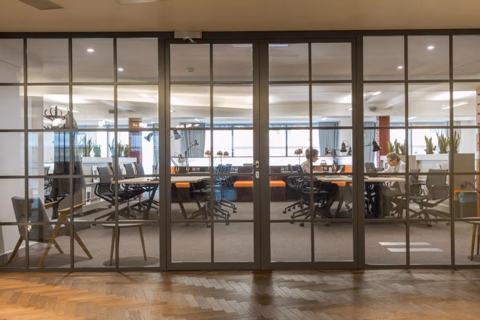 An office with grey carpet, wooden desks, and black office chairs through a large grid-patterned glass partition.