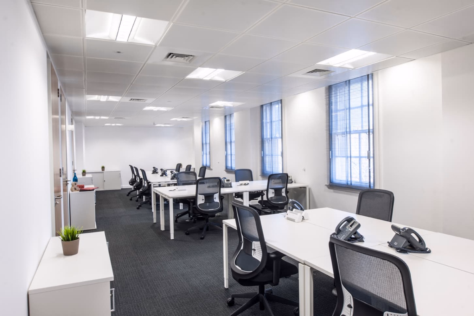 Black mesh chairs around white desks on a dark grey carpeted floor with a row of windows fitted with blue blinds.
