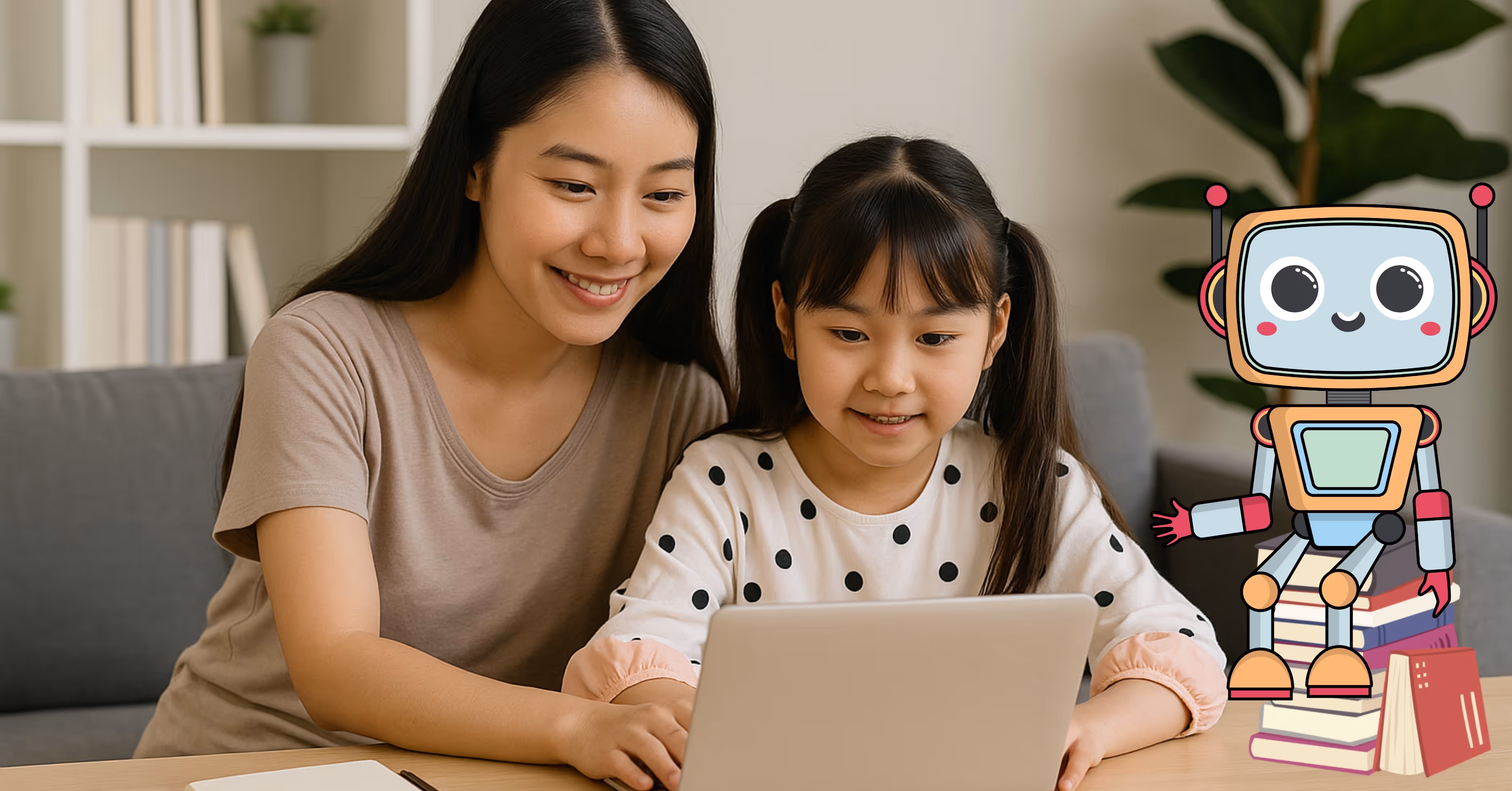Singaporean mother helping her daughter revise PSLE Math using Luminee Learning on a tablet, building confidence by avoiding common mistakes.
