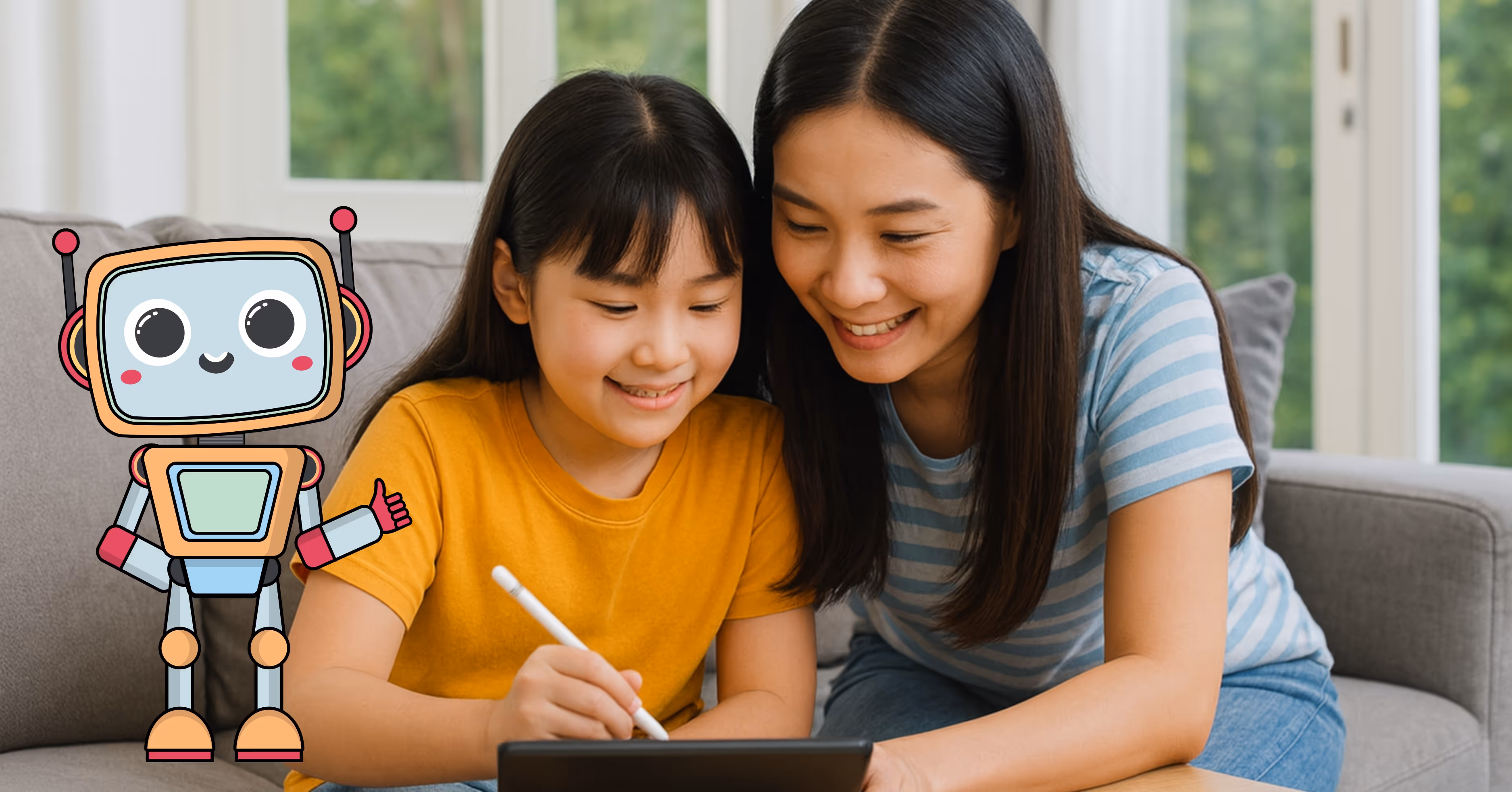 A mother and daughter revising for exams using Luminee's PSLE Practice paper that provides instant correct and feedback.