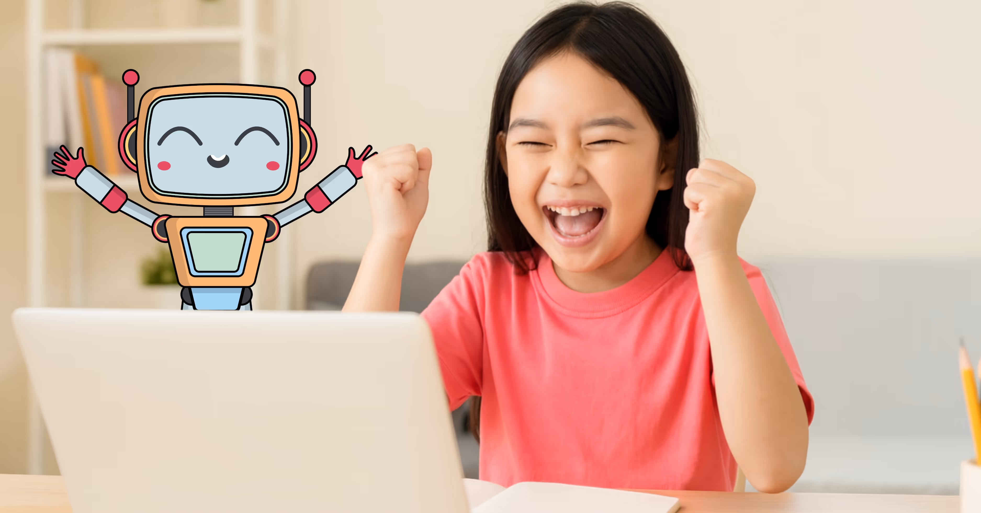 Girl cheering in front of laptop while practising PSLE Grammar Cloze on Luminee Learning with Coach Kyu’s support.