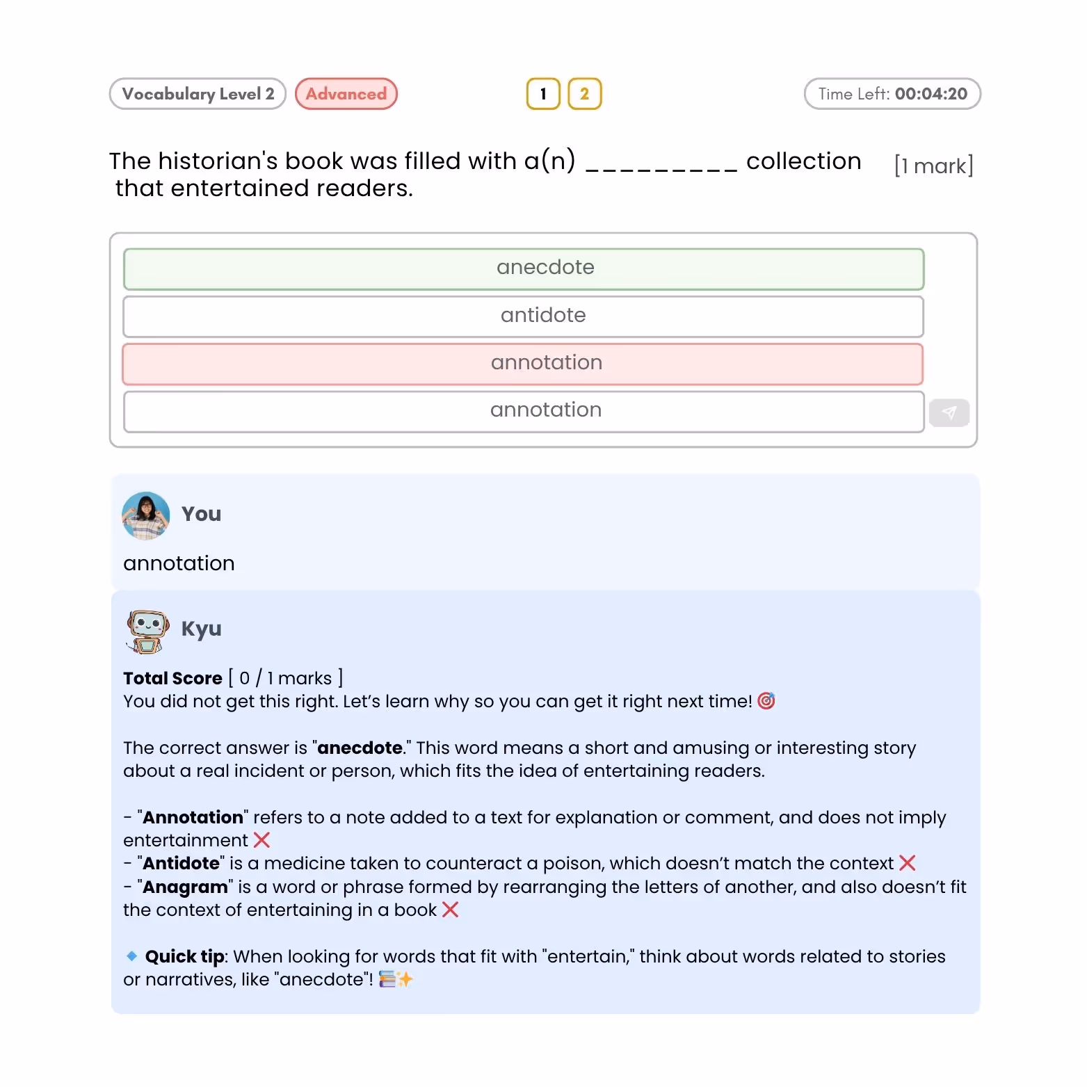 PSLE Vocabulary advanced multiple-choice question on Luminee Learning platform, testing nuanced word usage.